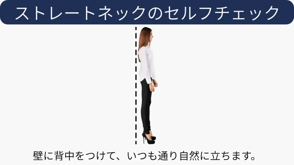 壁に背中をつけて、ストレートネックのセルフチェックをしている様子